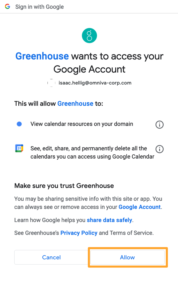 Google Calendar shows example permissions required with the Allow button highlighted in marigold