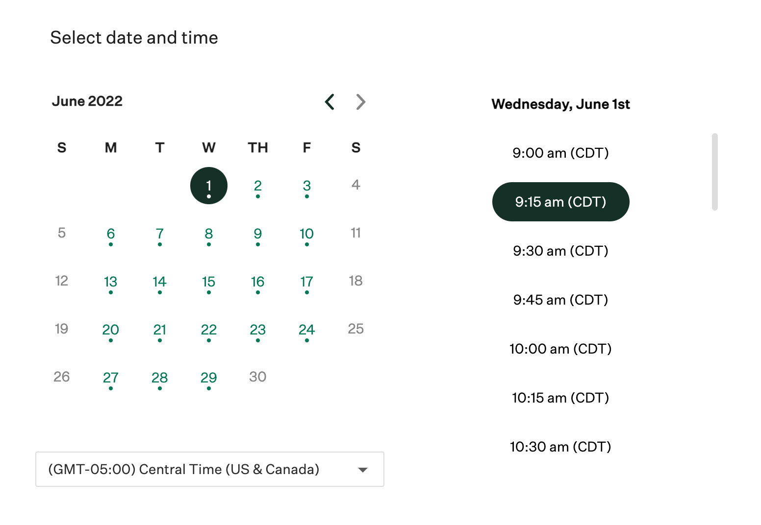 Screenshot of the self schedule calendar and time slots