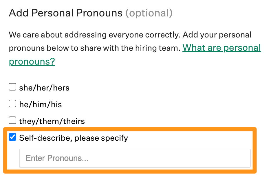 Screenshot of the self describe option in the add personal pronouns section