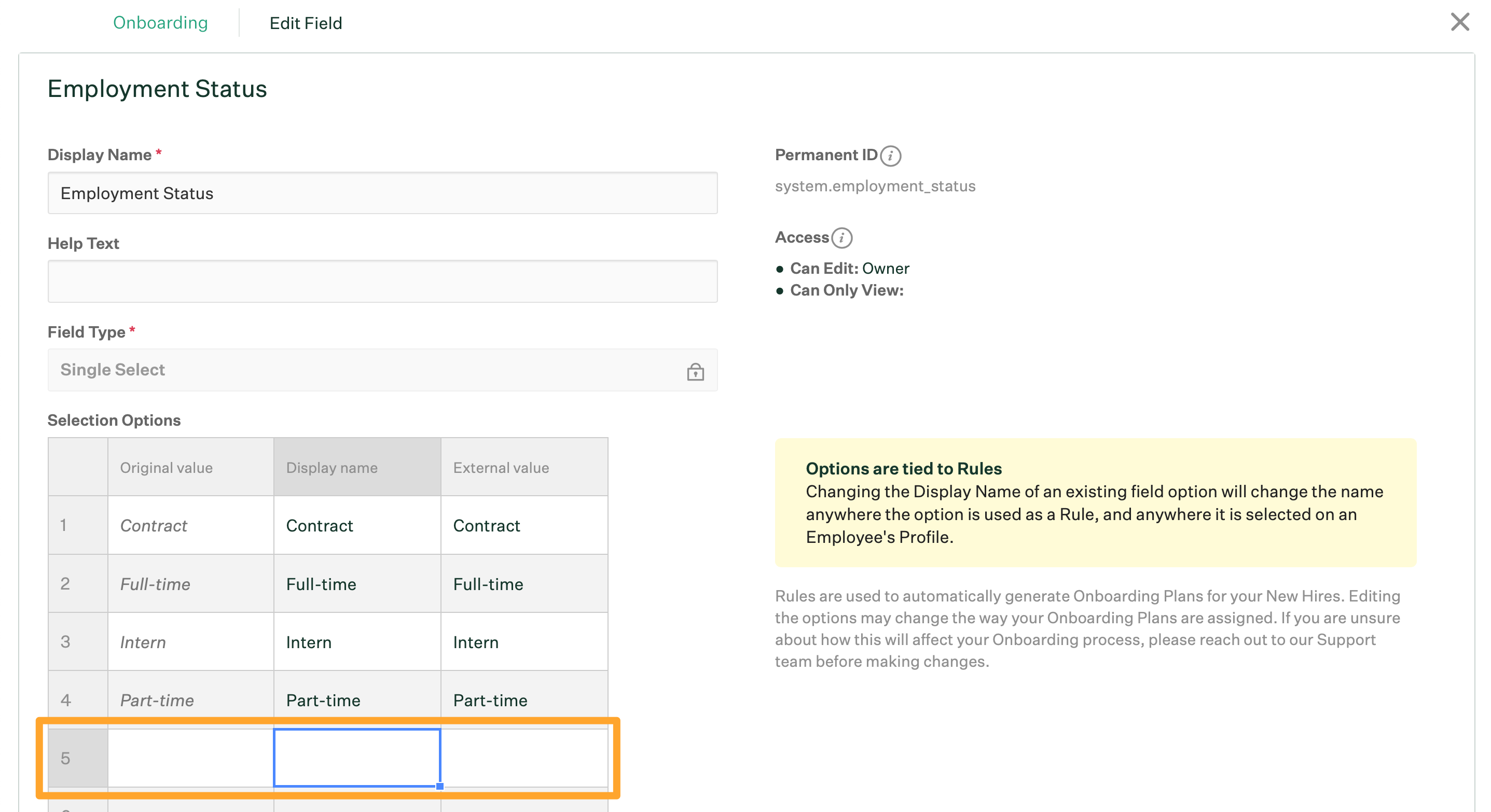 Edit Field page with empty selection option row highlighted and empty Display name cell selected in blue