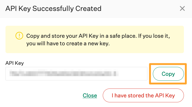 Screenshot of a copied API key 
