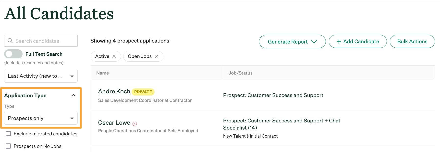 Candidate and prospect filters – Greenhouse Support