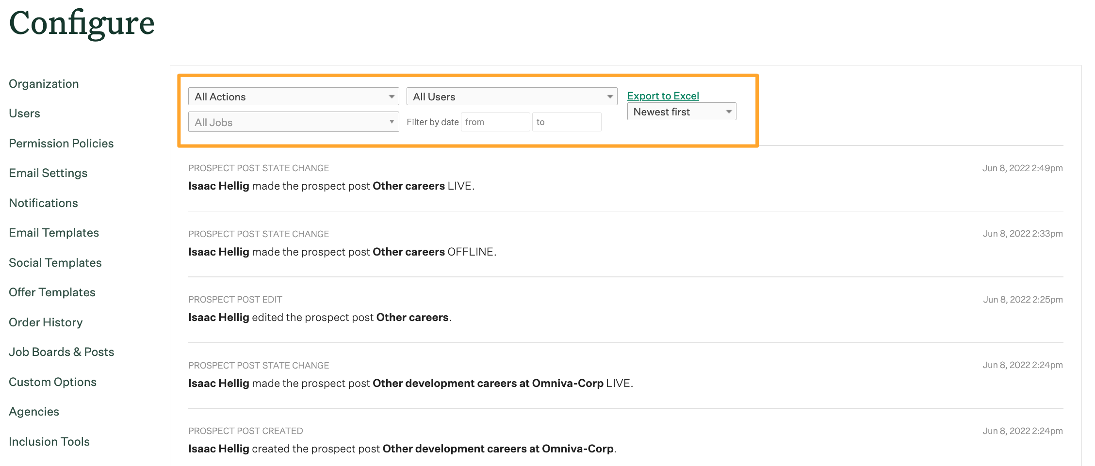 Screenshot of changelog filters 
