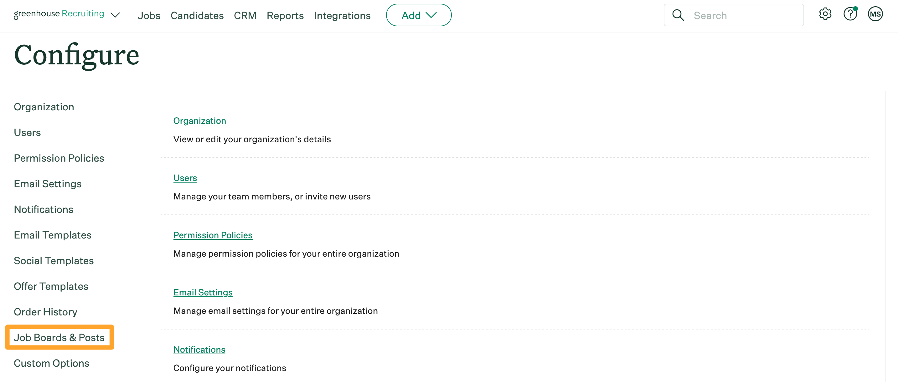 Screenshot of Configure Job boards and posts