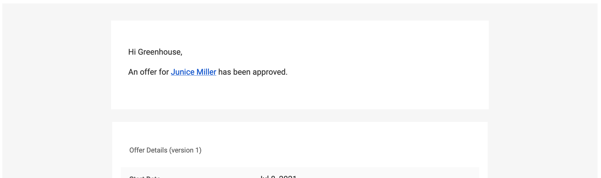 Screenshot of approved offer email