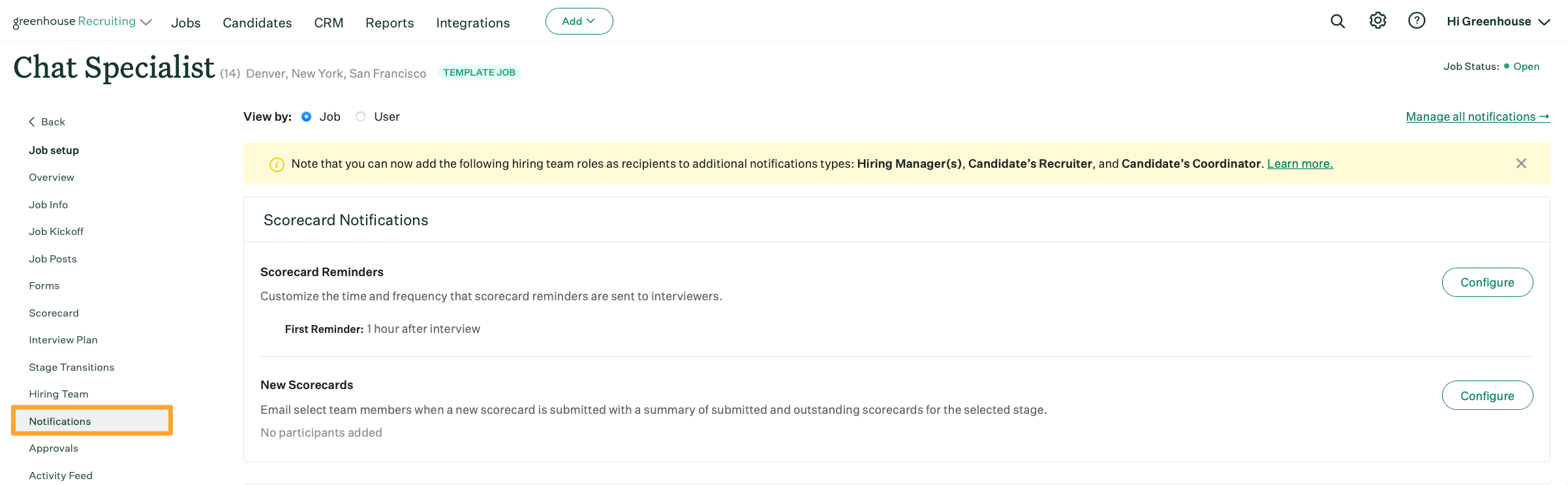 Screenshot of job setup > notifications