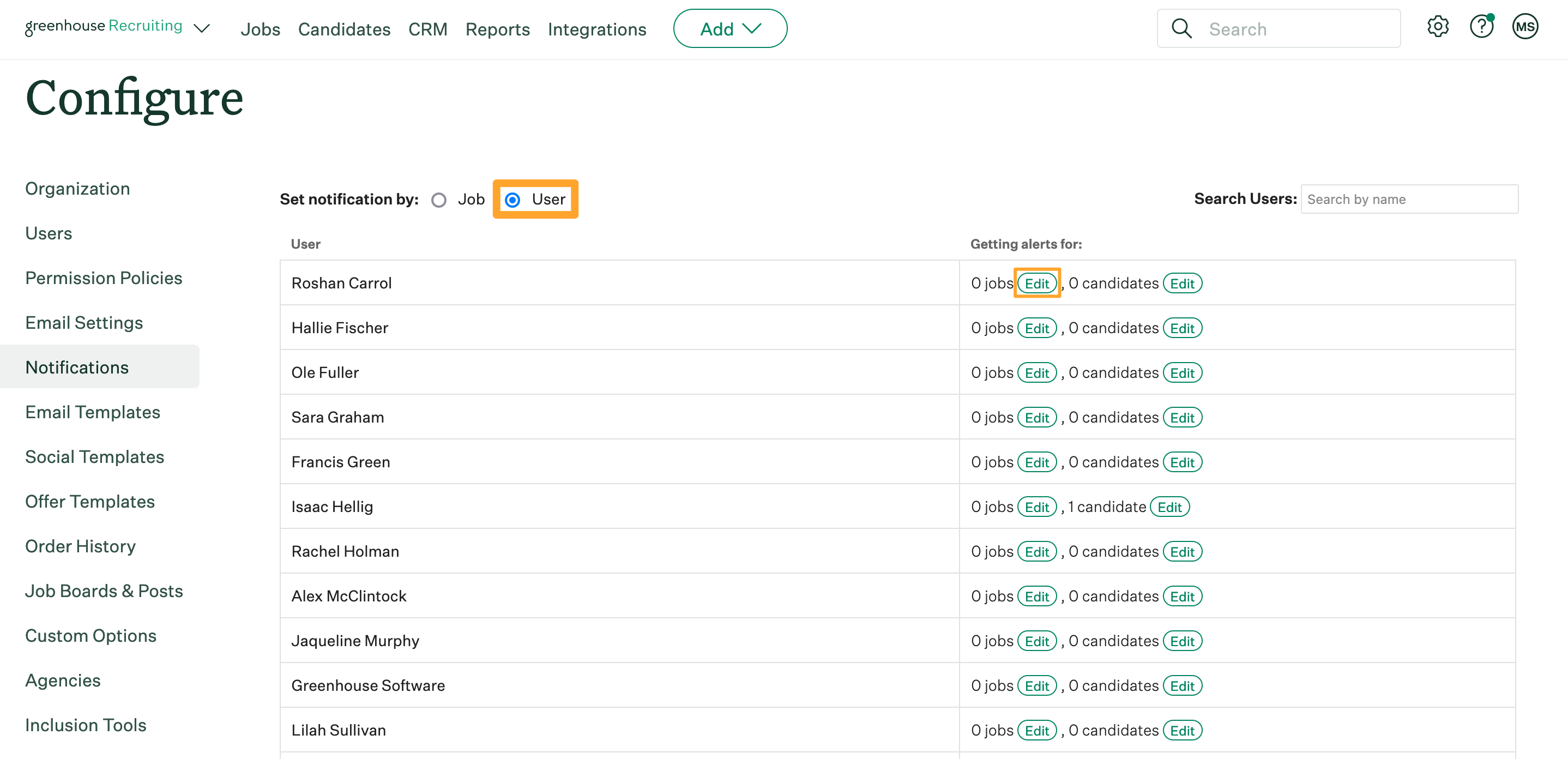 Screenshot of Configure > Notifications > By user