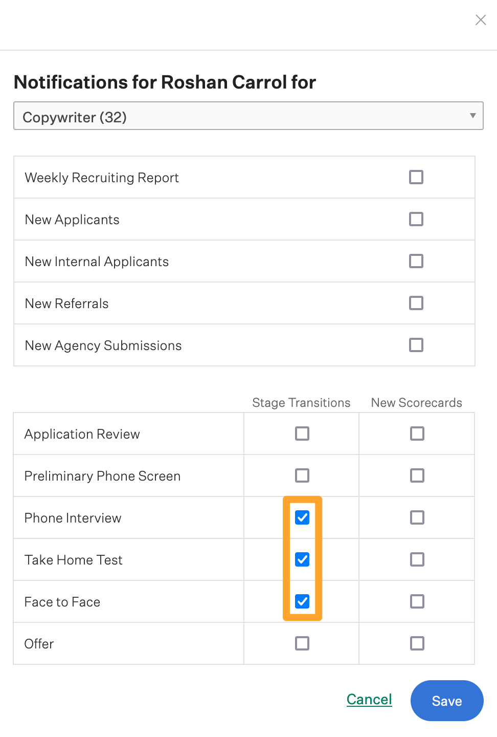 Screenshot of stage transition notifications