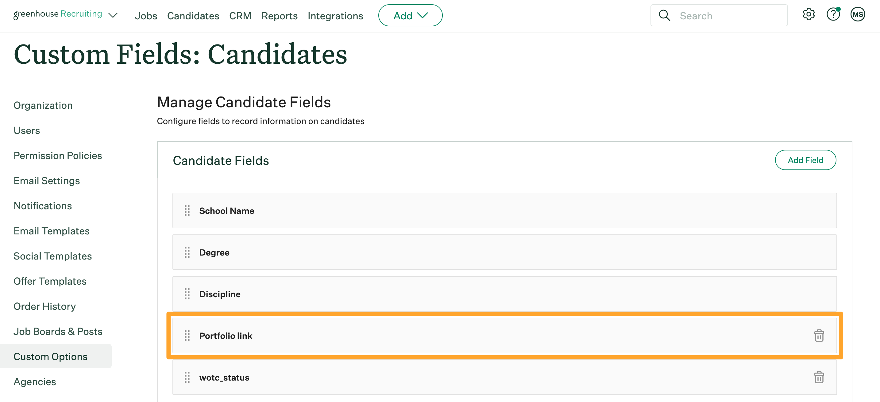 Screenshot of Configure > Custom Options > Candidates > Example custom candidate field