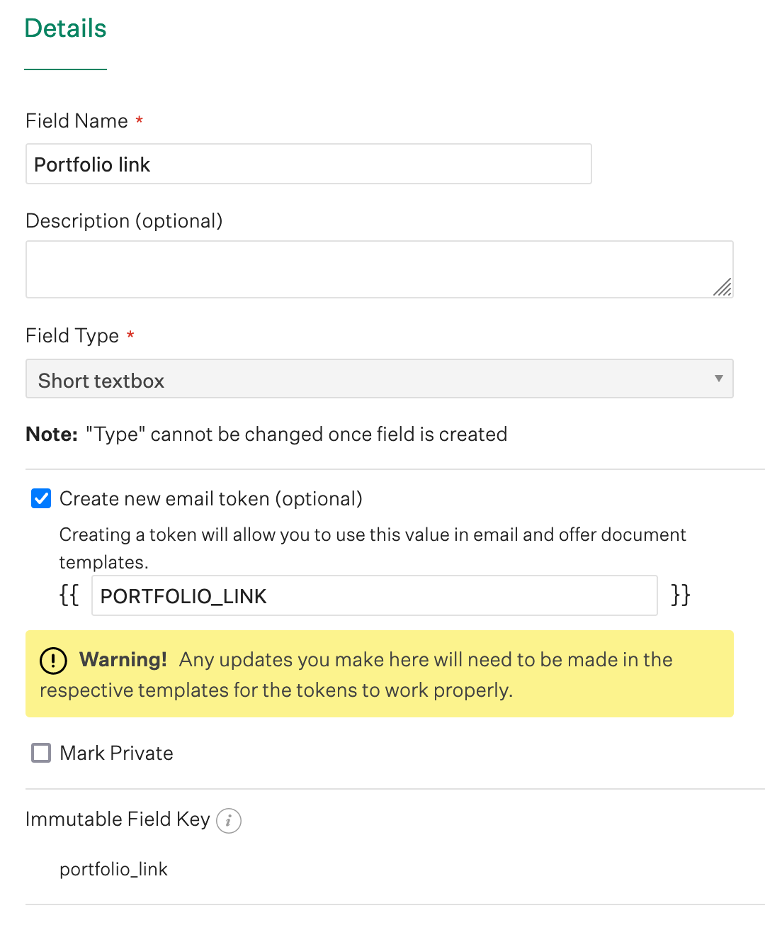 Screenshot of edit an existing custom candidate field