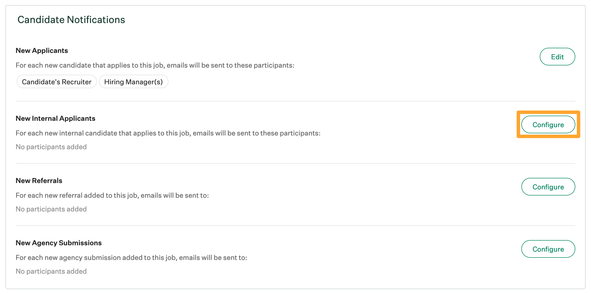 Screenshot of configure new internal applicants notification