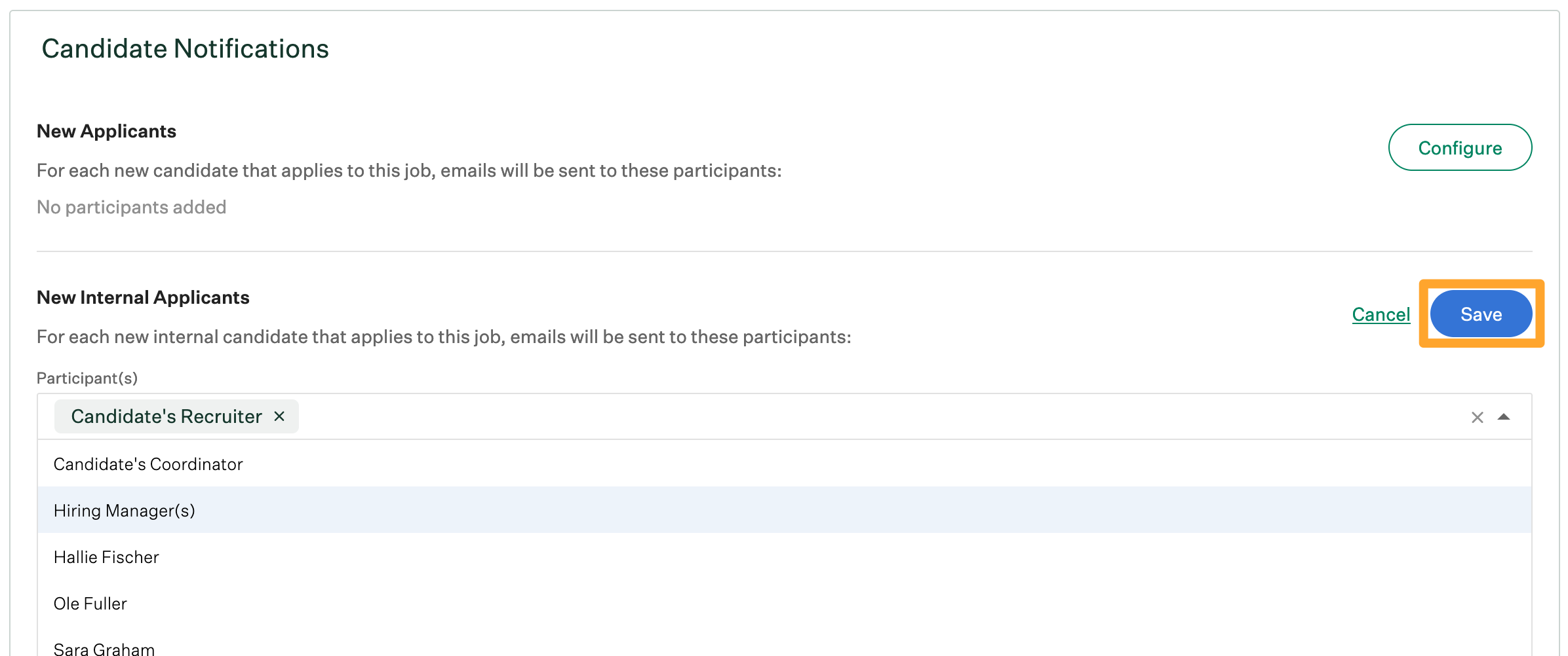 Screenshot of select participants on new internal applicants notification