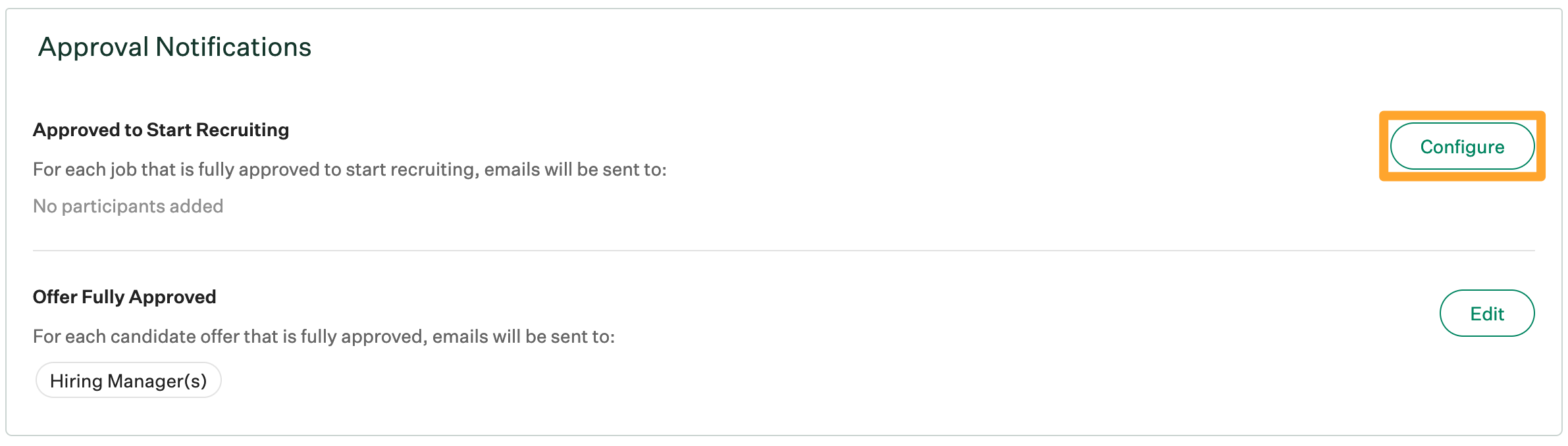 Screenshot of Configure approved to start recruiting notification