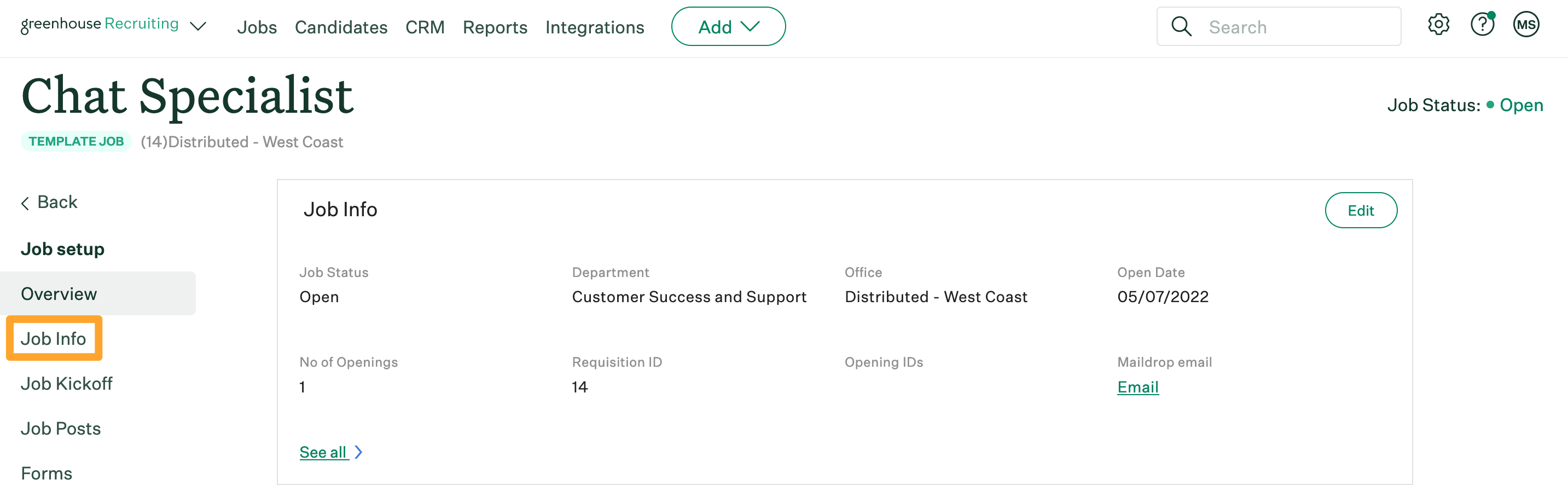 Screenshot of Job Setup > Job Info