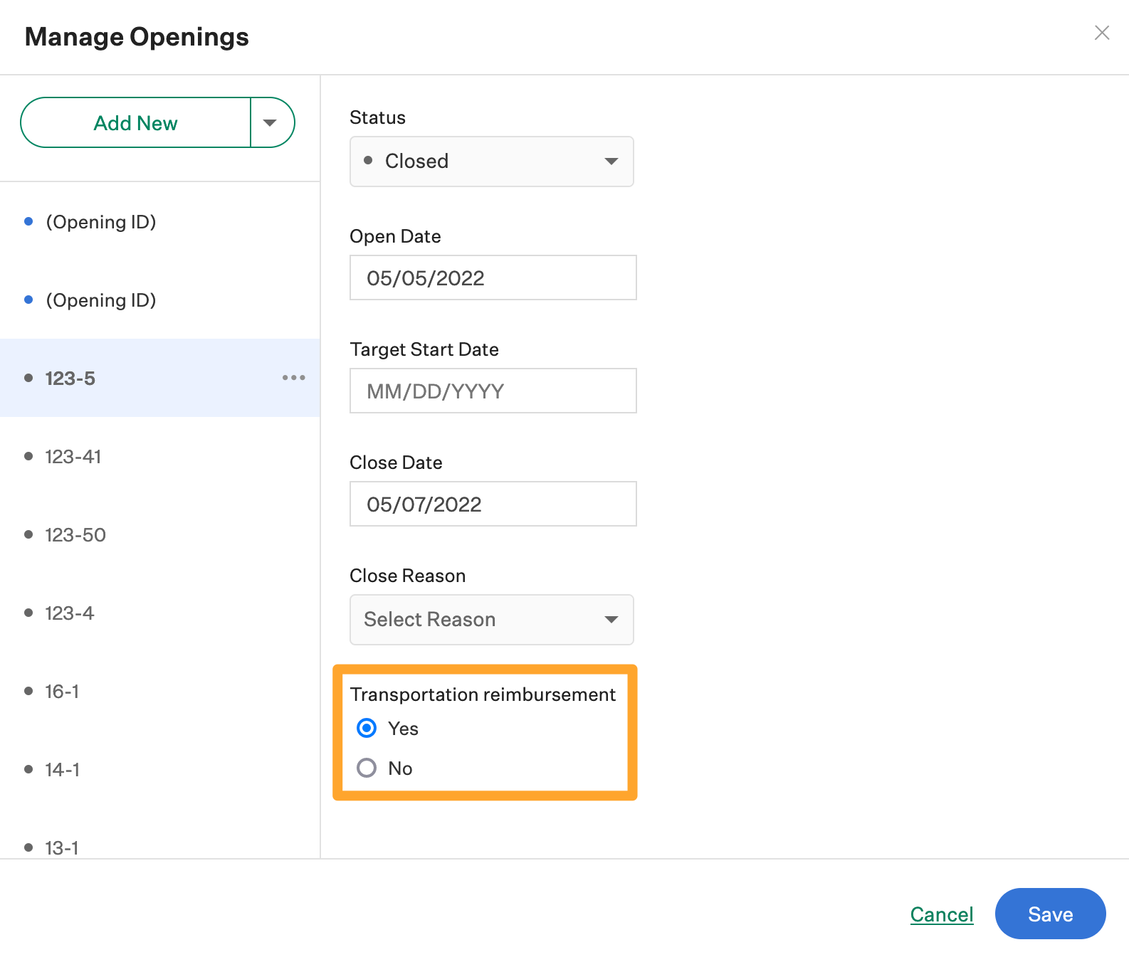 Screenshot of editing an example custom opening field on a job