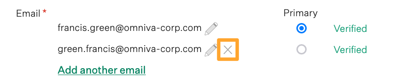 Screenshot of deleting secondary email