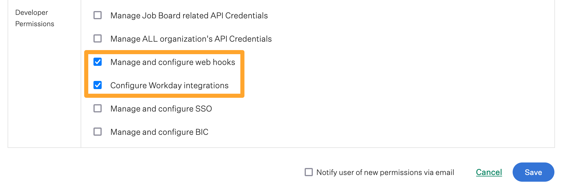 Developer specific permissions are shown in Greenhouse Recruiting, including can manage and configure webhooks and can configure Workday®️ integrations
