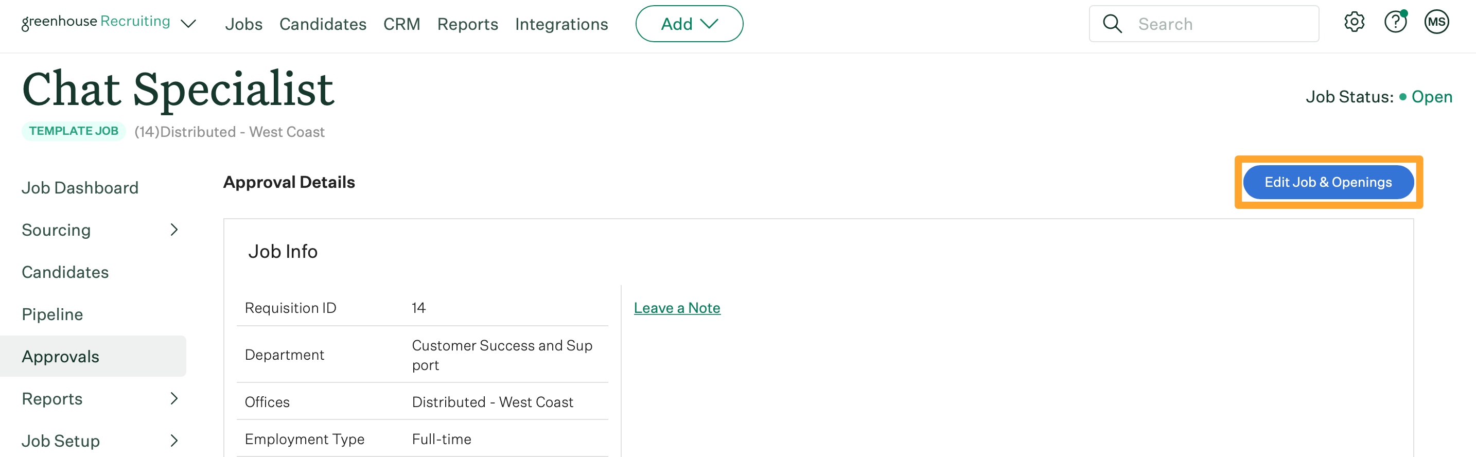 Screenshot of Edit Job & Openings button