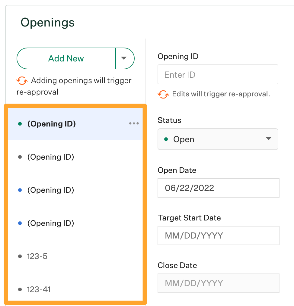 Screenshot of openings list on a job