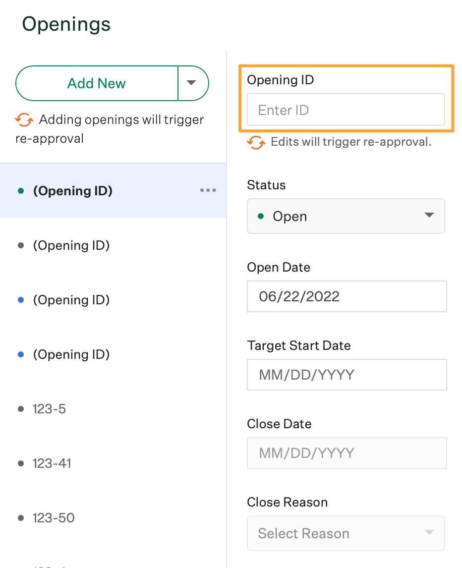 Screenshot of edit an opening ID
