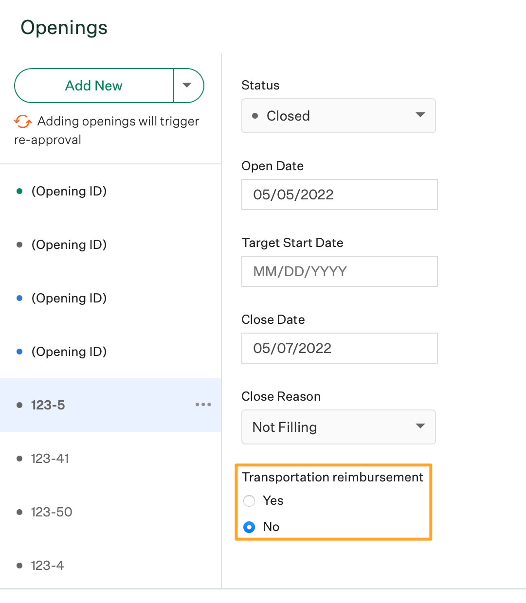 Screenshot of edit custom opening field