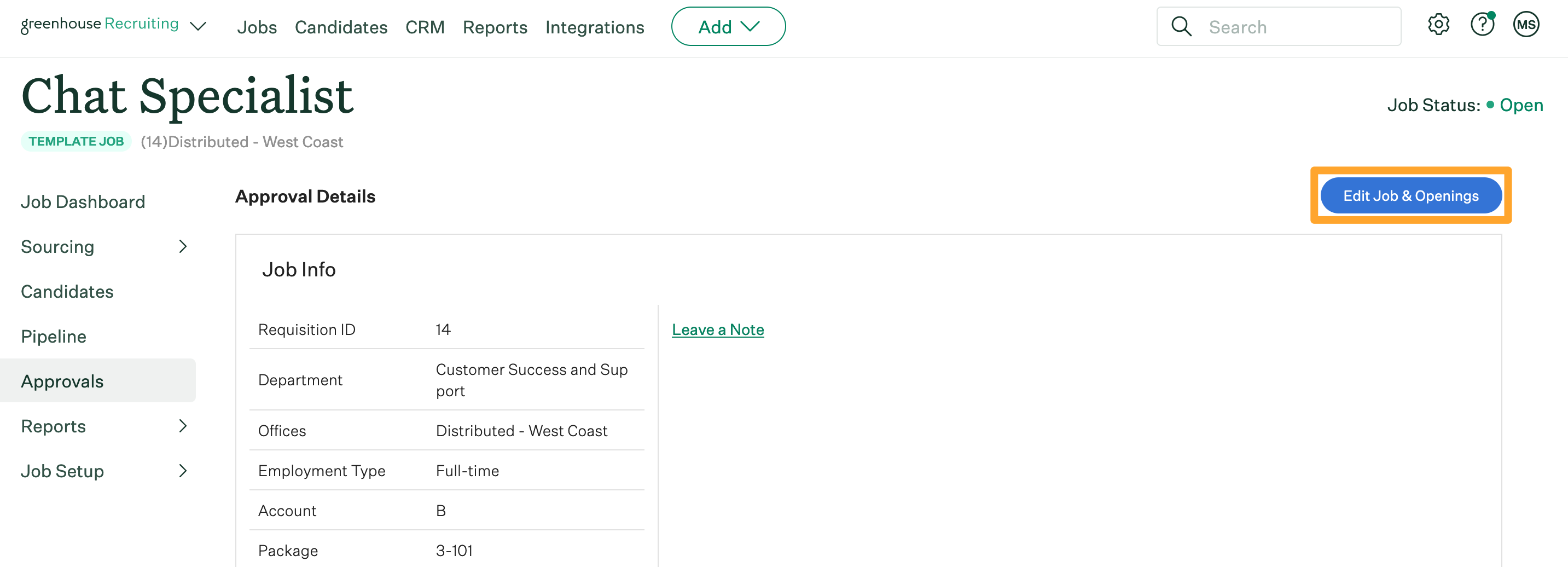 Screenshot of Jobs > Approvals > Edit Job & Openings