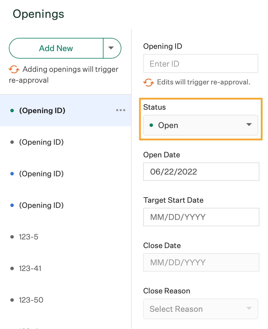 Screenshot of edit opening status
