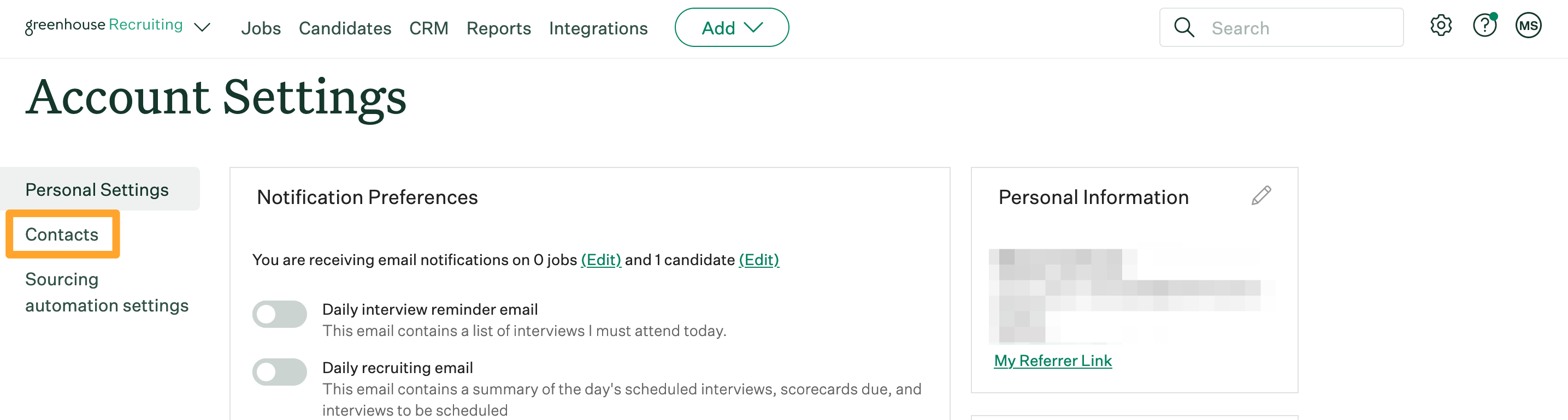 Screenshot of Account Settings > Contacts