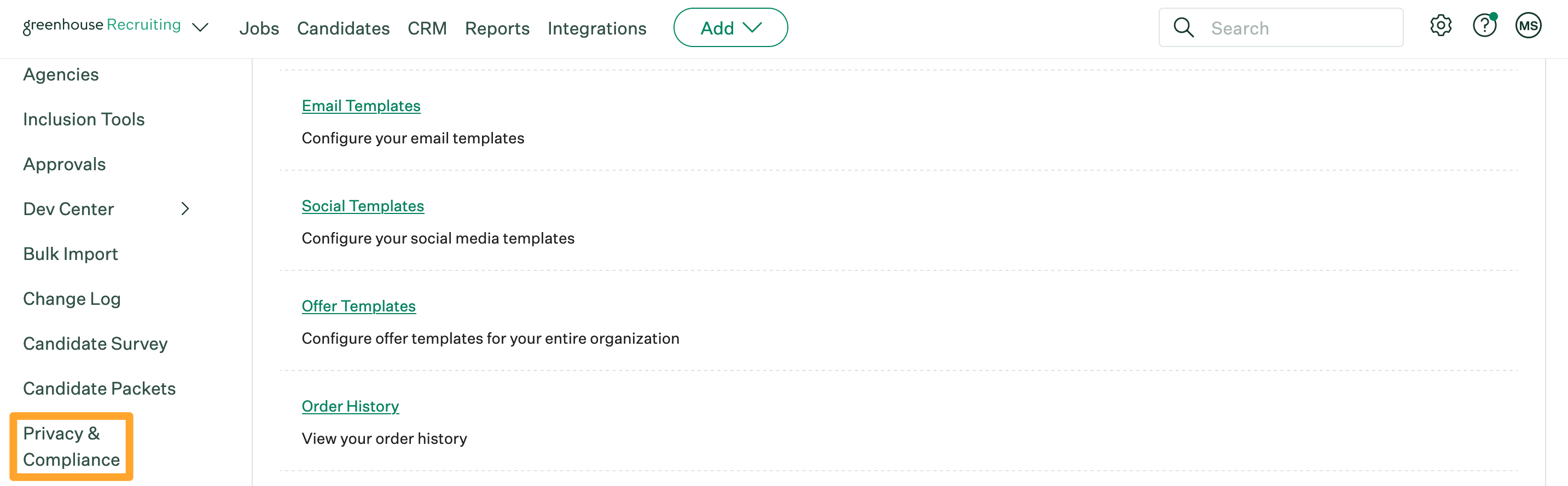 Screenshot of Configure > Privacy & Compliance