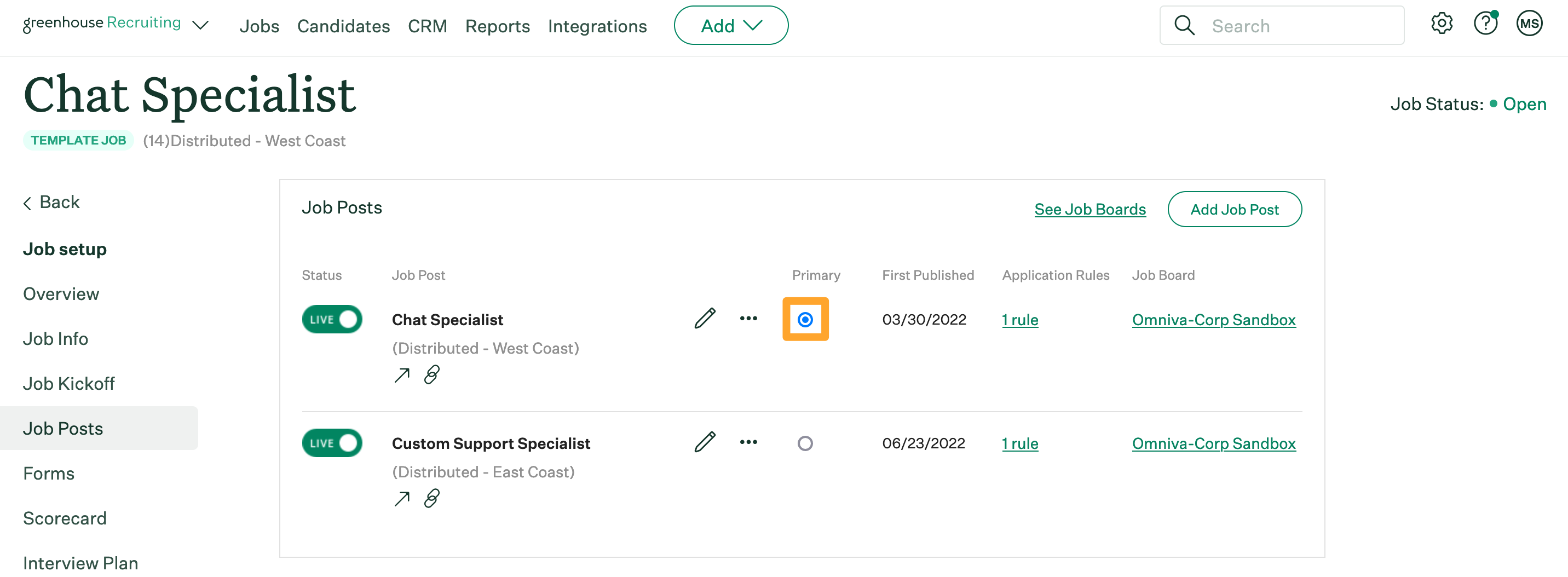 Screenshot of set job post as the primary job post