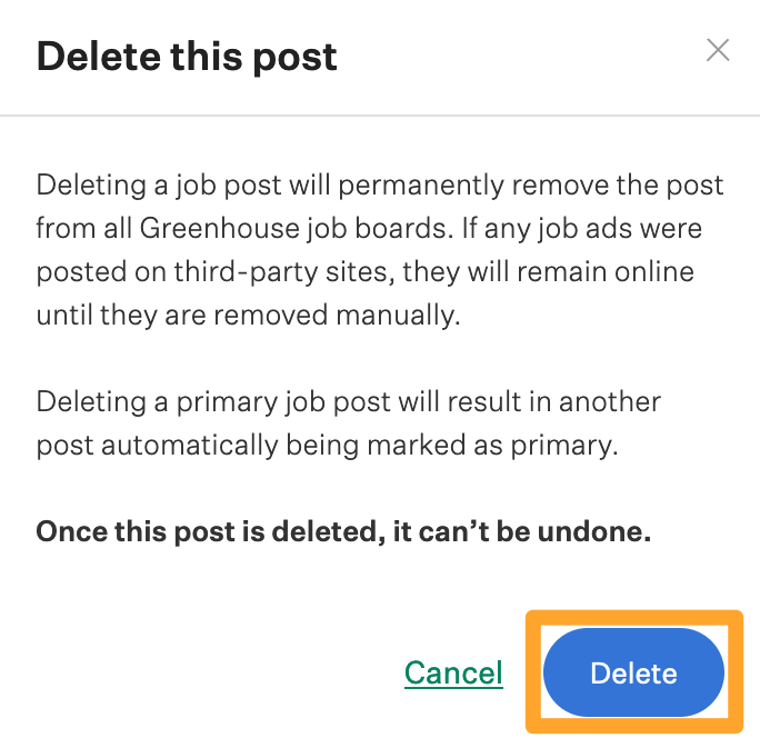 Screenshot of delete job post confirmation window
