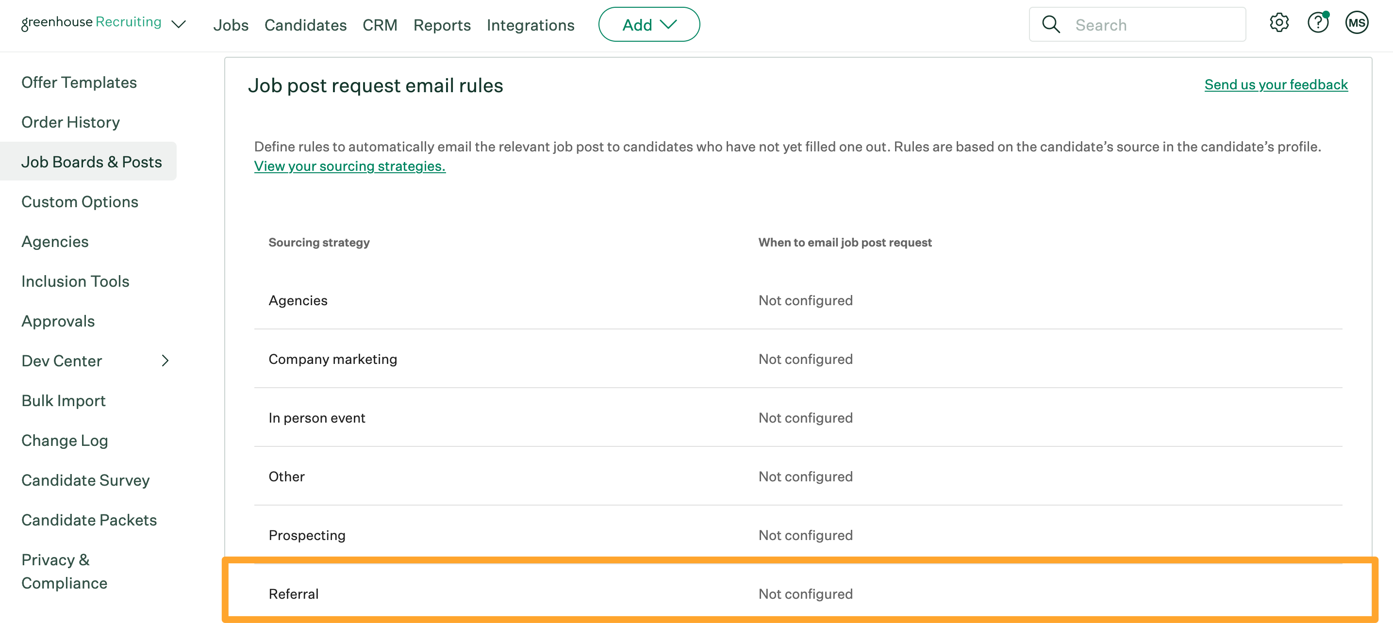 Screenshot of a highlighted sourcing strategy under Job Boards and Posts