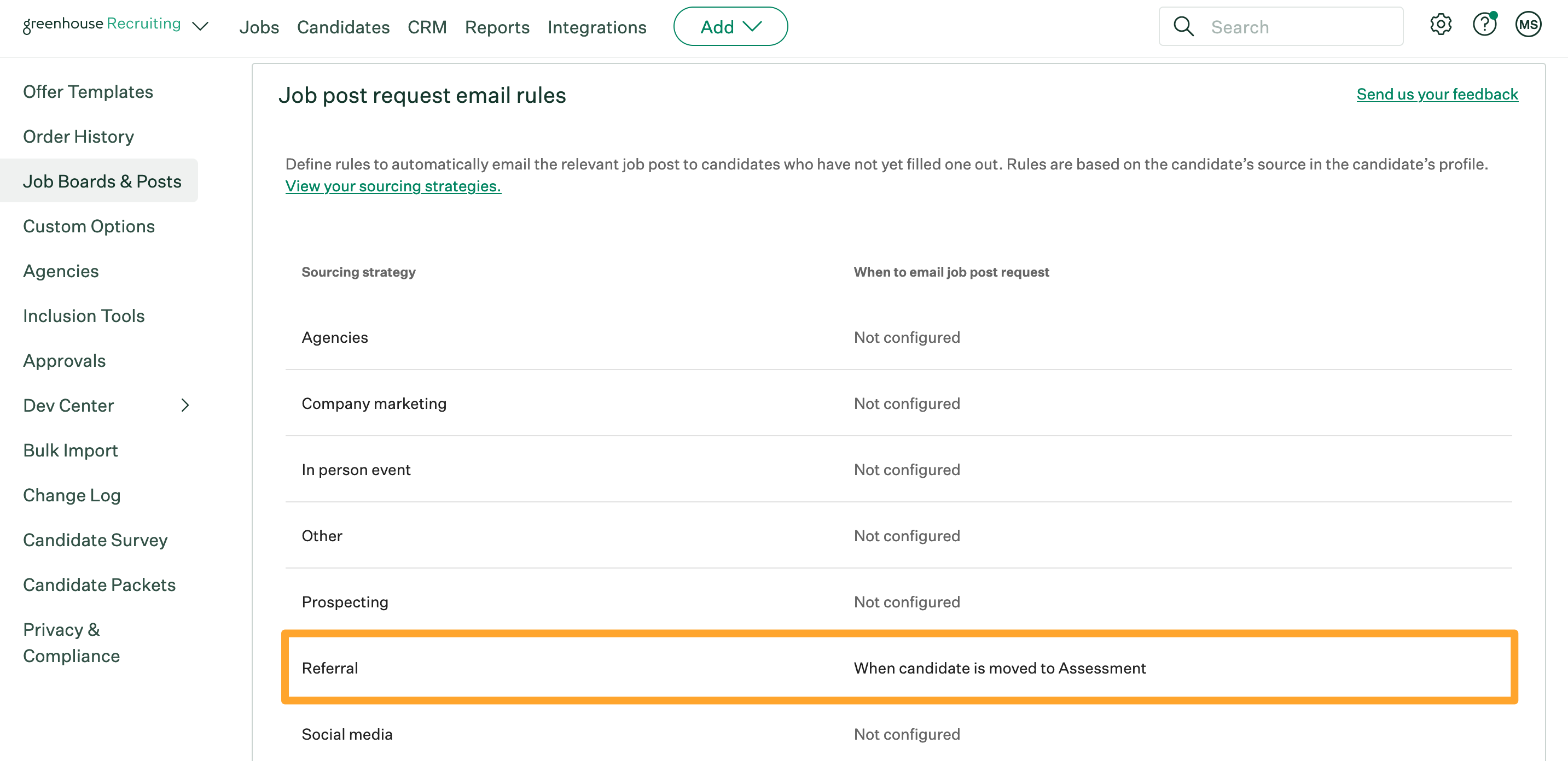 Screenshot of a sourcing strategy highlighted with an automated job post request email rule configured