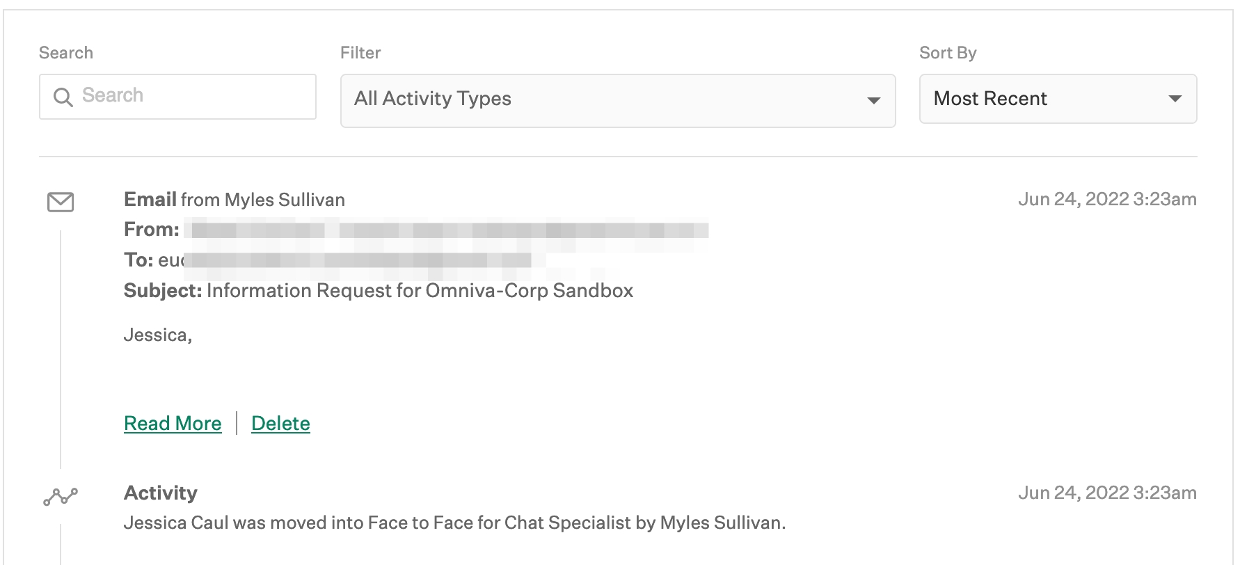 Screenshot of a candidate's Activity Feed showing an automated job post request email triggered