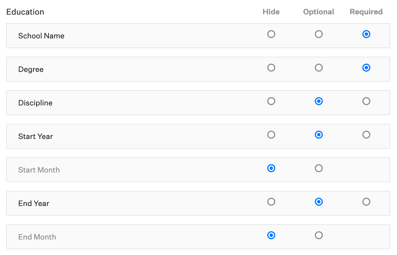 Screenshot of structured education fields
