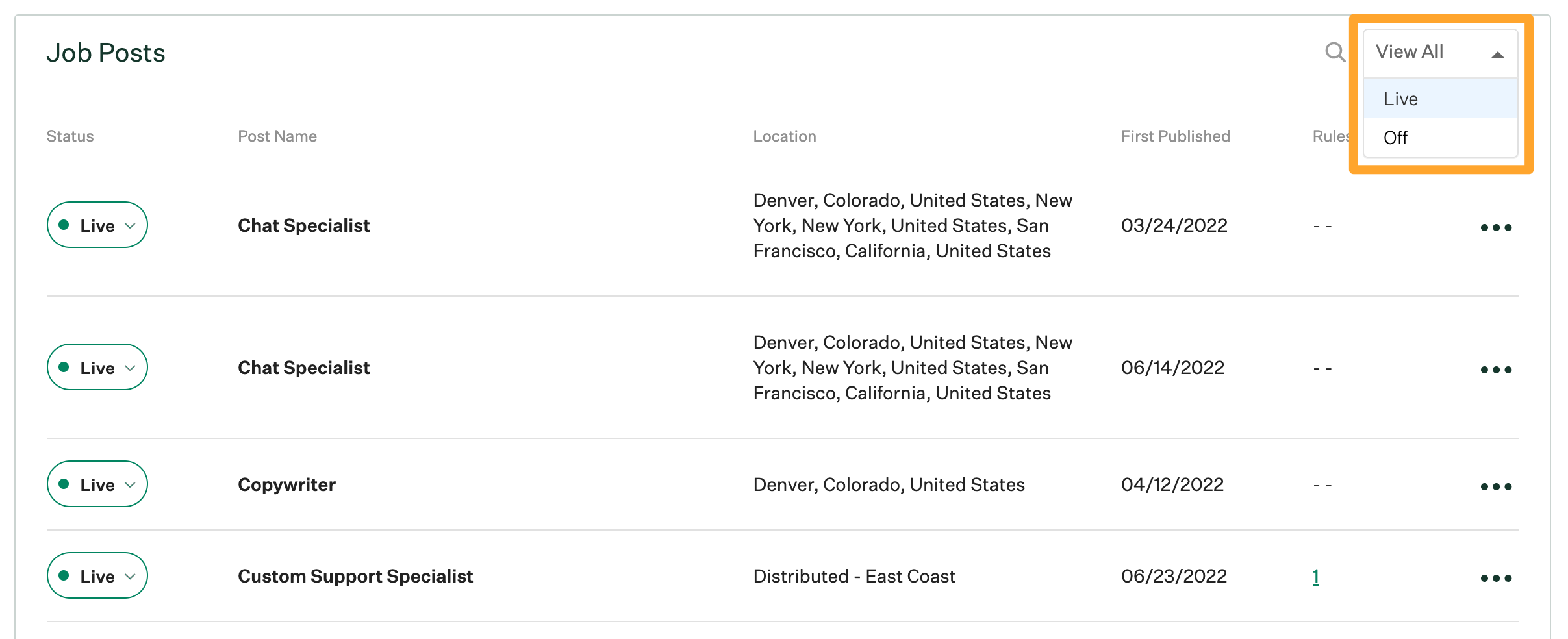 Screenshot of available job post statuses