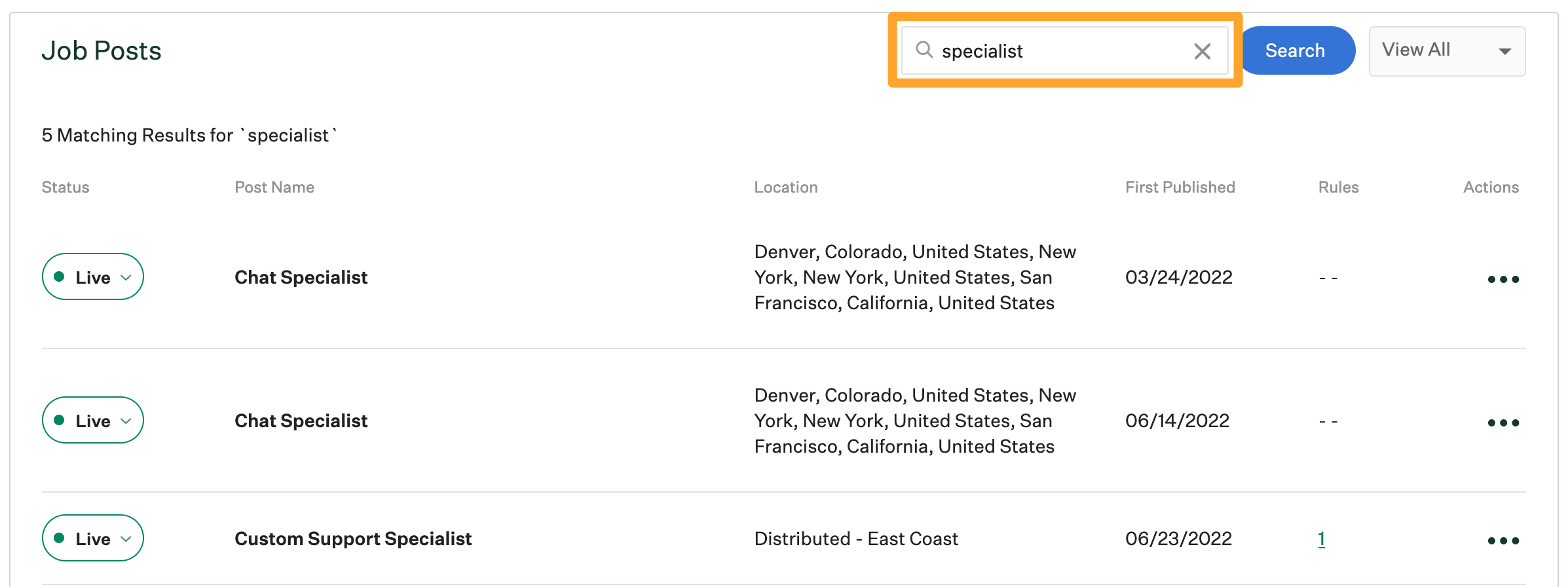 Screenshot of job post search results