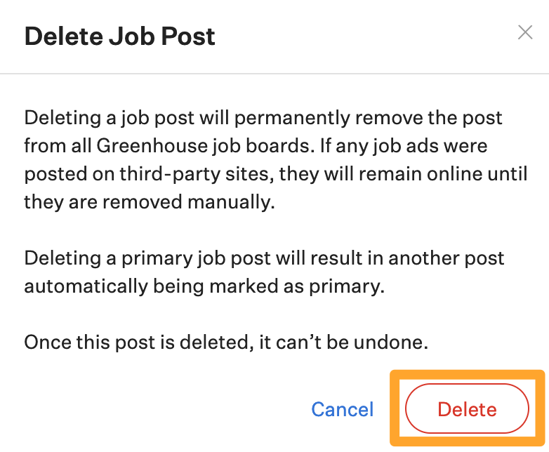 Screenshot of confirm delete job post