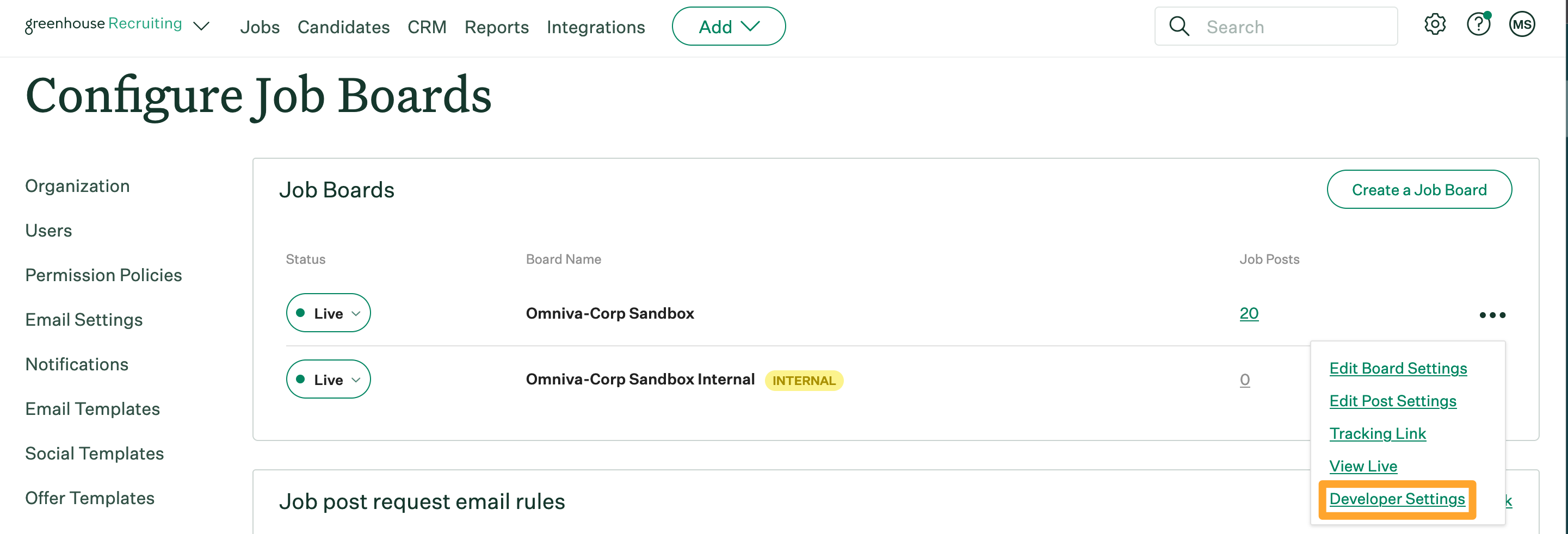 Screenshot of Job Board > Developer Settings