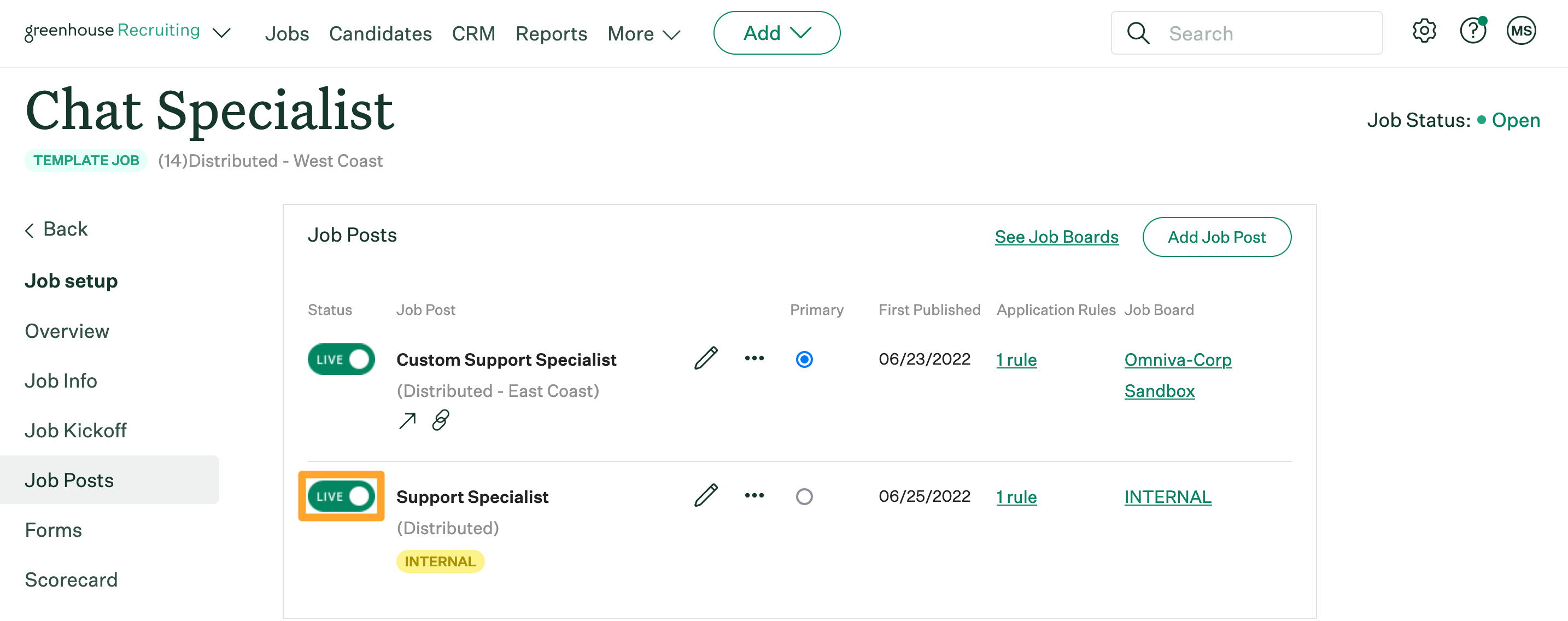 Screenshot of an internal job post toggled to Live