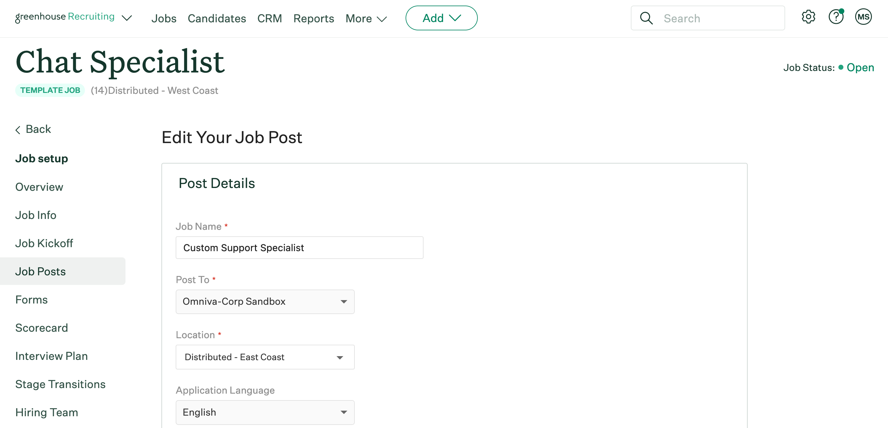 Screenshot of job post edit page
