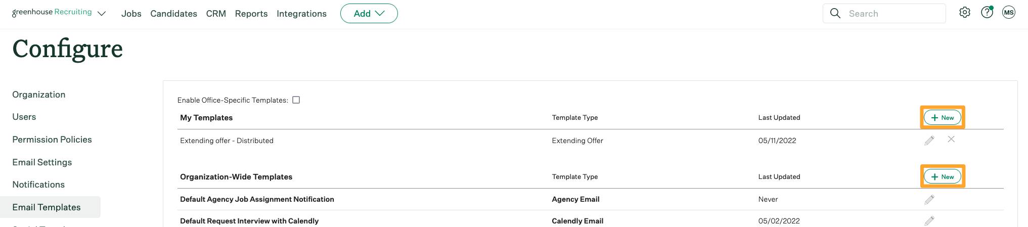 Screenshot of create new email templates buttons