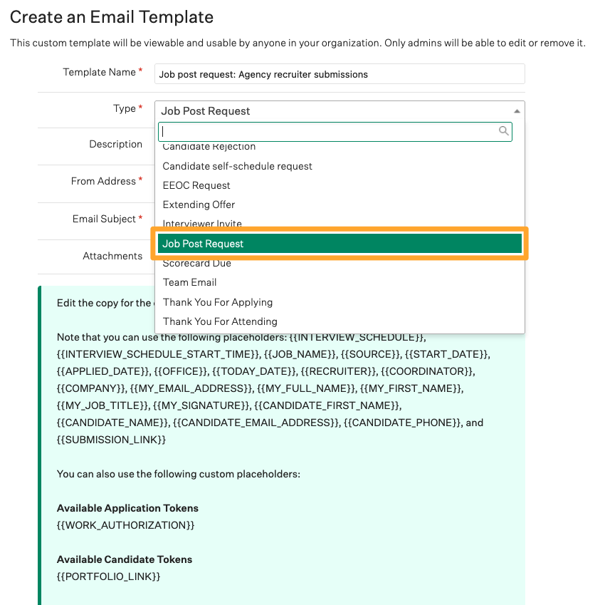 Screenshot of job post request email template selected in dropdown