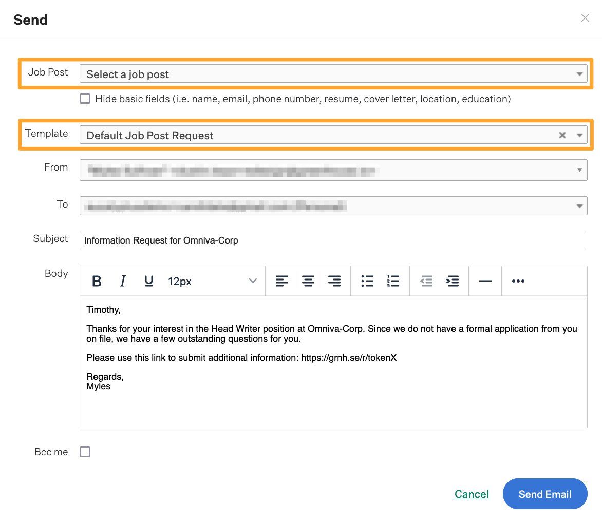Screenshot of select job post request email template in dropdown
