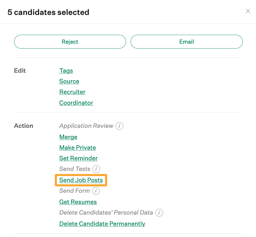 Screenshot of bulk send job post request email button selected