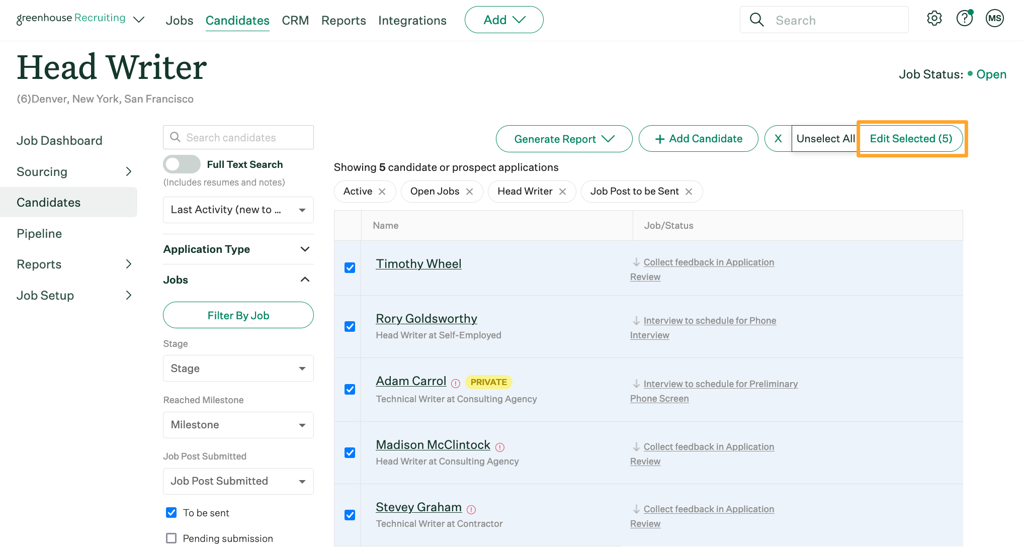 Screenshot of edit selected candidates in bulk