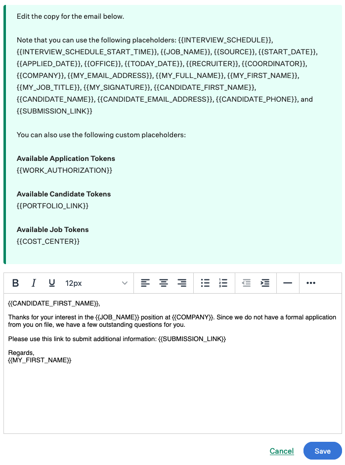 Screenshot of configure job post request email template