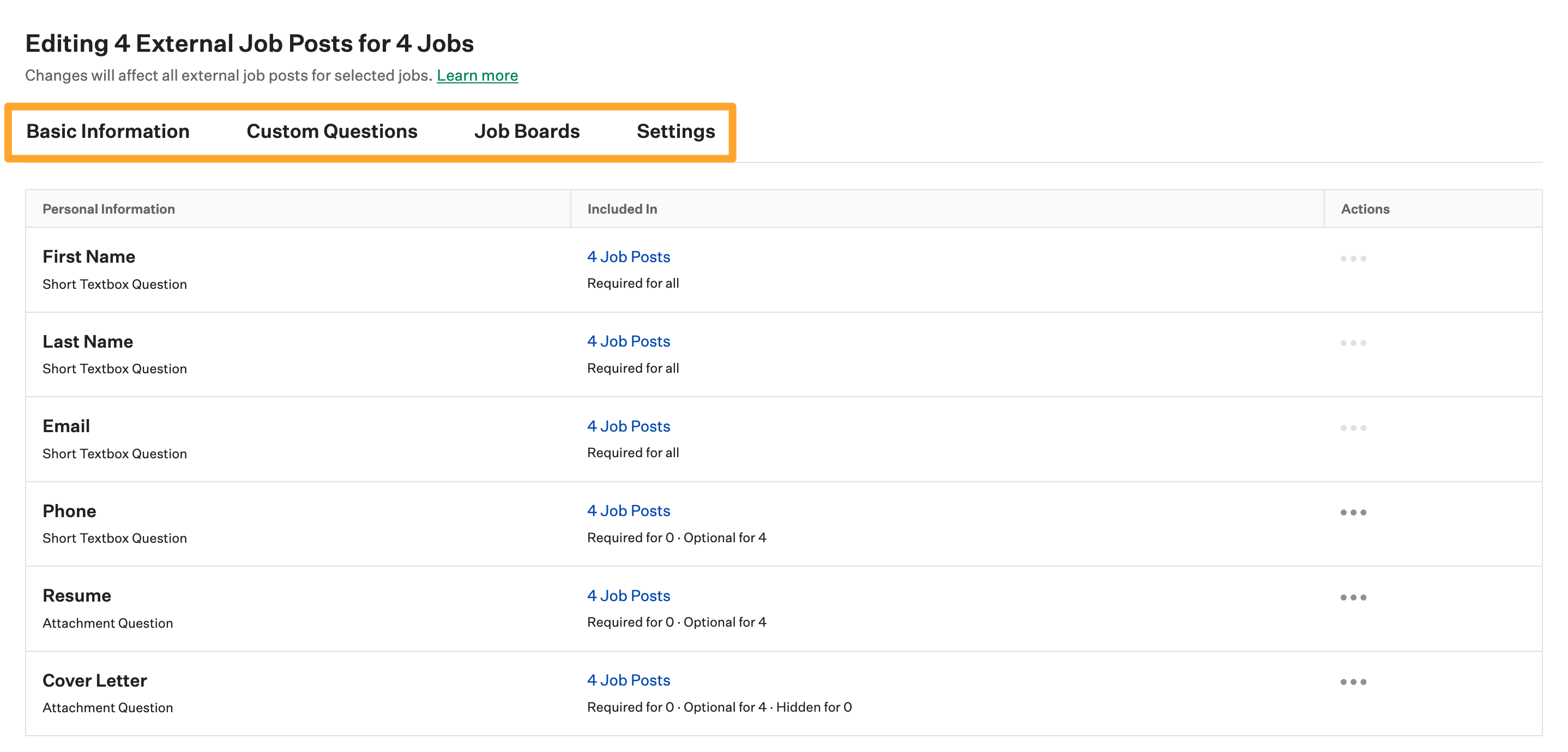 Screenshot of bulk edit job post options