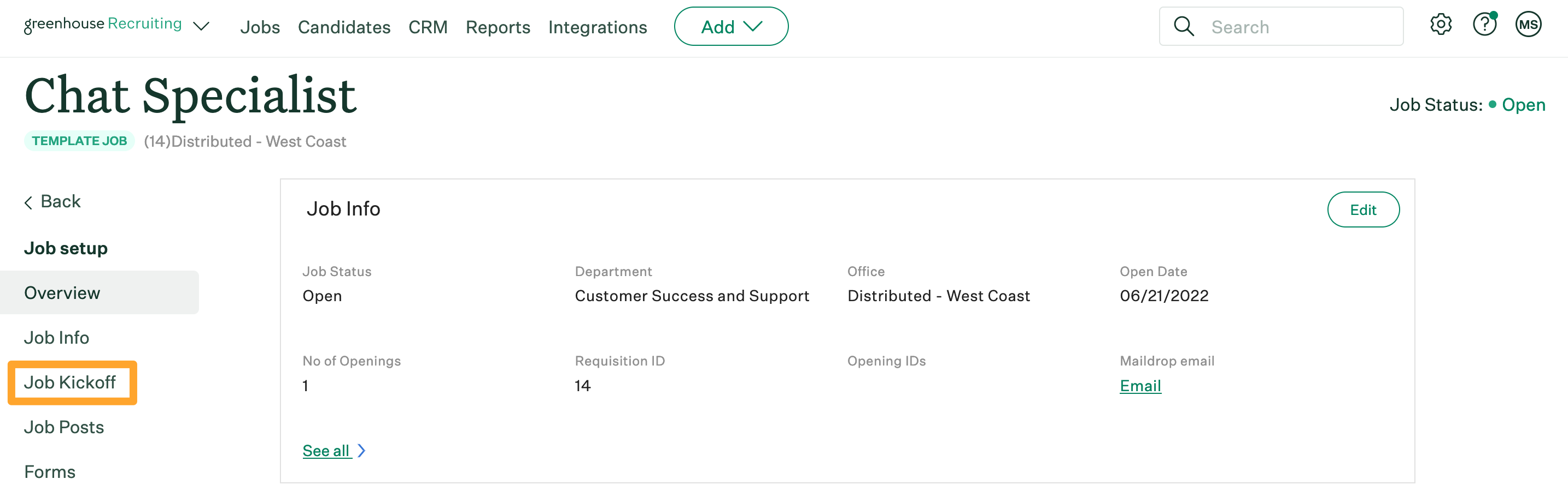 Screenshot of a job's Job Kickoff tab