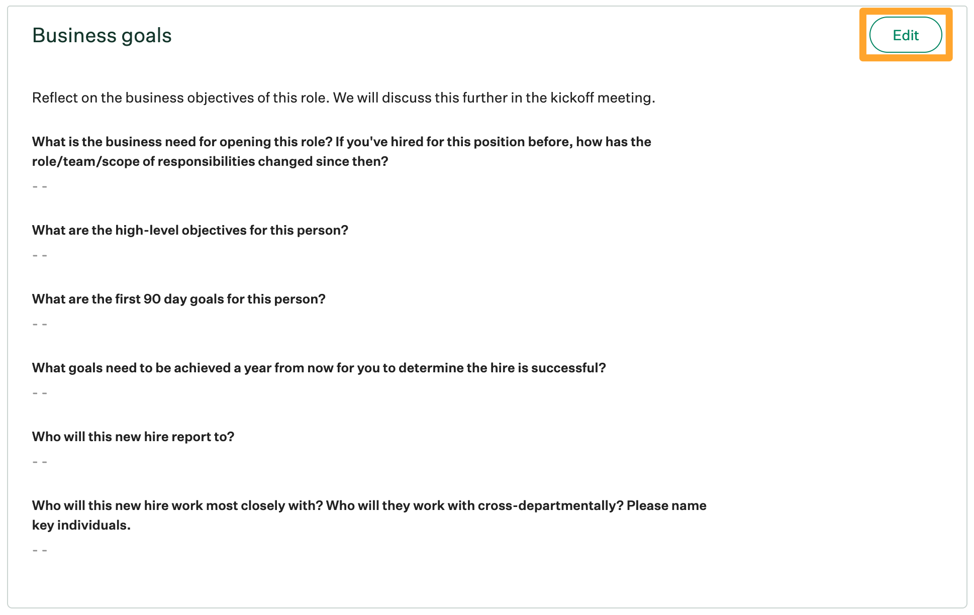Screenshot of Edit button onb job kickoff form questions